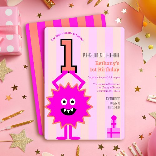 1st Birthday Little Hot Pink Monster Fun Cute Girl Invitation