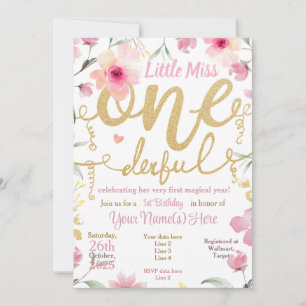 1st Birthday Little Miss ONEderful Pink Floral Invitation