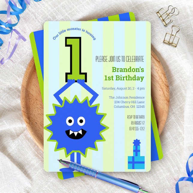 1st Birthday Little Monster Boy Blue Green Stripes Invitation (Creator Uploaded)