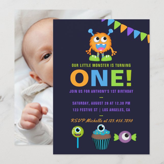 1st Birthday Little Monster Boy Party Invitation (Front/Back)