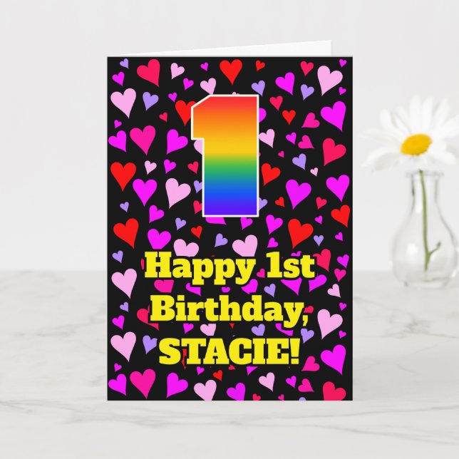 1st Birthday: Loving Hearts Pattern, Rainbow # 1 Card (Small Plant)