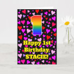 [ Thumbnail: 1st Birthday: Loving Hearts Pattern, Rainbow # 1 Card ]