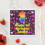 [ Thumbnail: 1st Birthday: Loving Hearts Pattern, Rainbow # 1 Napkins ]