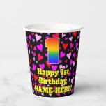 [ Thumbnail: 1st Birthday: Loving Hearts Pattern, Rainbow 1 Paper Cups ]