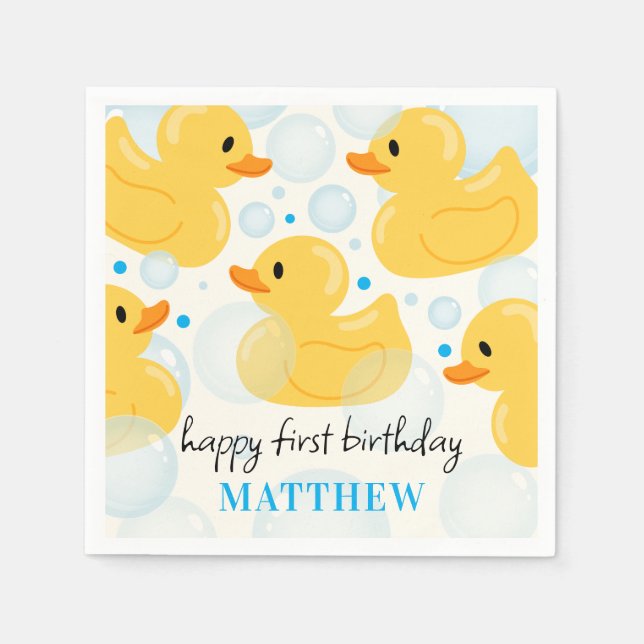 1st Birthday Lucky Duck Boy's Blue Party  Napkins (Front)