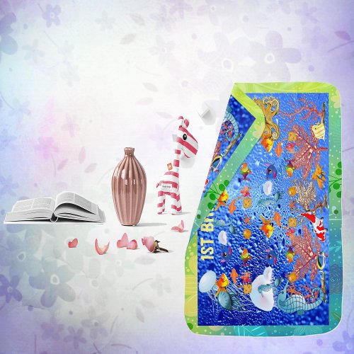 1st Birthday Marine Life Fish Blue Ocean Bubbles  Baby Blanket