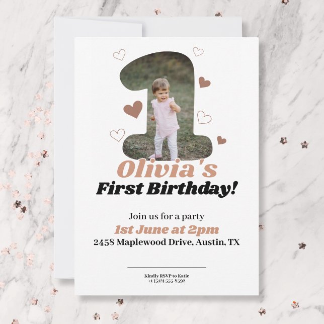 1st Birthday Minimalist Beige Teddy Hearts Invitation (Creator Uploaded)