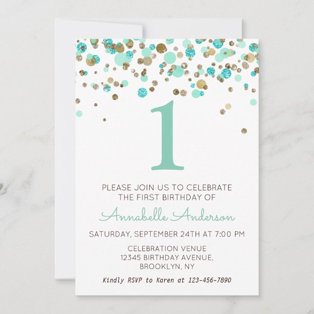 1st Birthday Mint Gold Glitter Sparkle Confetti Invitation (Front)