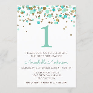 1st Birthday Mint Gold Glitter Sparkle Confetti Invitation