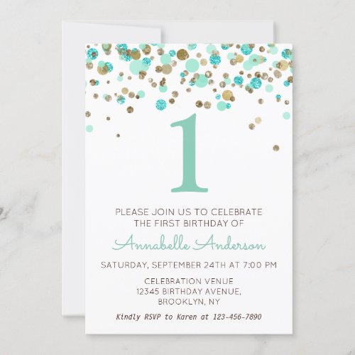 1st Birthday Mint Gold Glitter Sparkle Confetti Invitation
