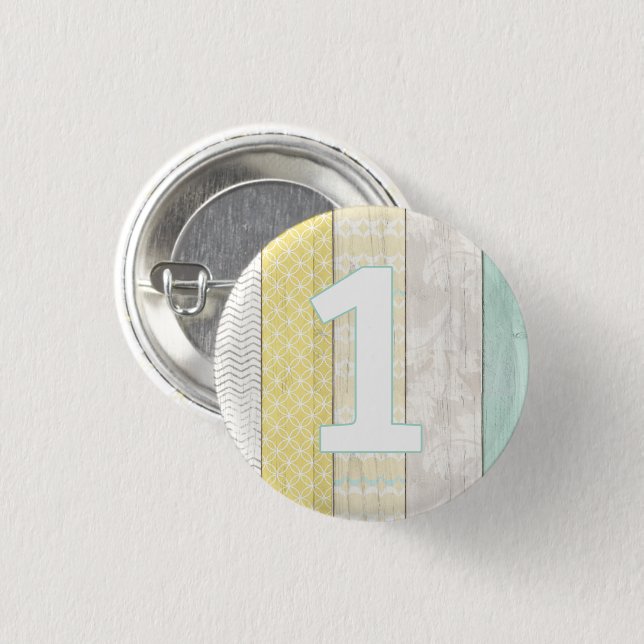 1st Birthday Mint & Yellow Rustic Wood Geometric Button (Front & Back)