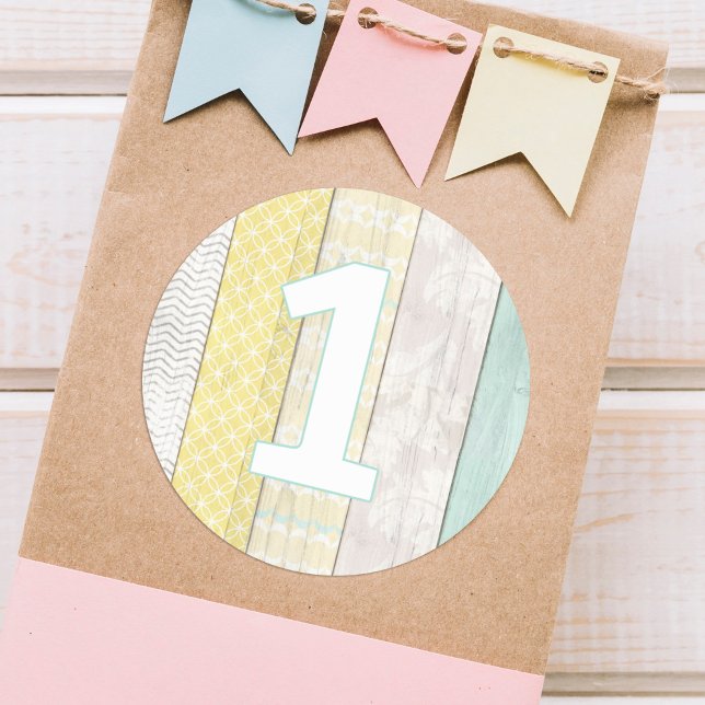 1st Birthday Mint & Yellow Rustic Wood Geometric Classic Round Sticker (Creator Uploaded)
