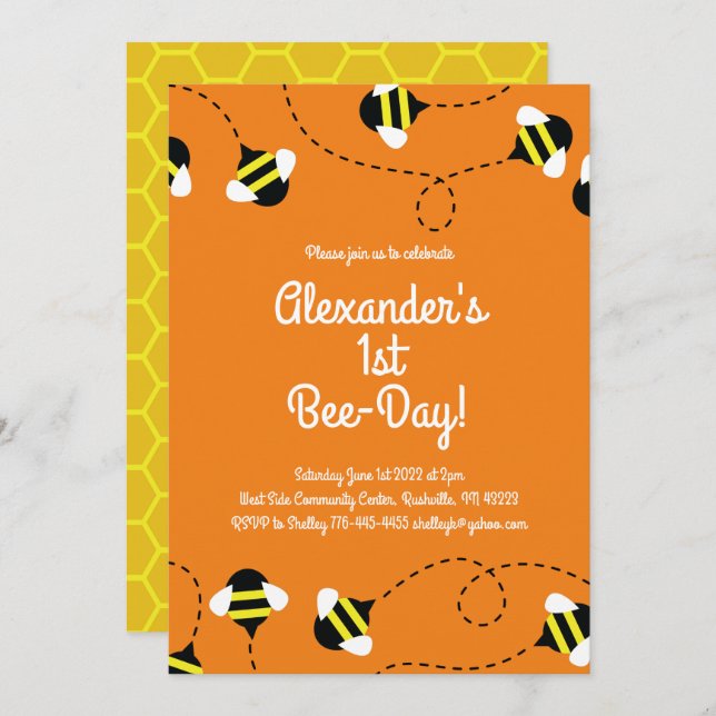 1st Birthday Mod Bee Day Invitations (Front/Back)