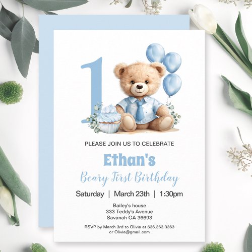 1st Birthday Modern Blue Teddy Bear Invitation