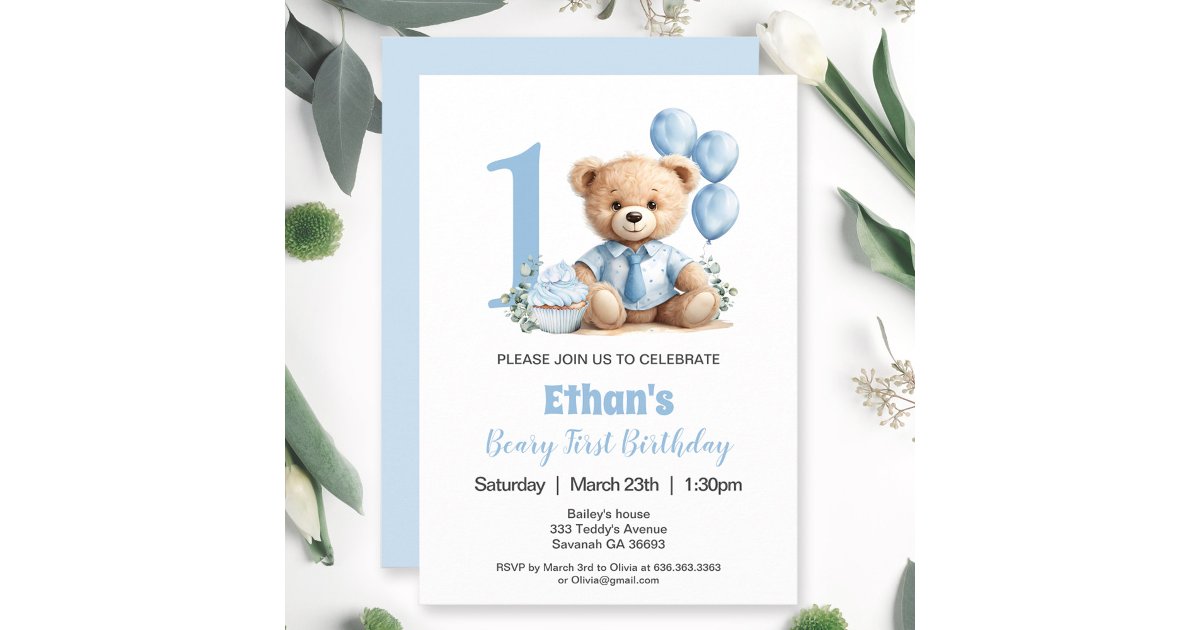 1st Birthday Modern Blue Teddy Bear Invitation | Zazzle