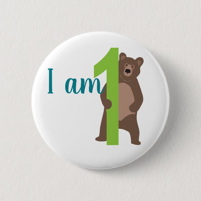 1st Birthday Modern Brown Bear Button (Front)