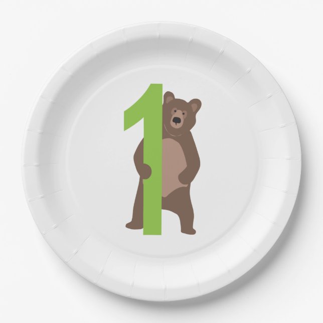 1st Birthday Modern Brown Bear Paper Plates (Front)