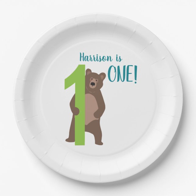 1st Birthday Modern Minimal Brown Bear Paper Plates (Front)