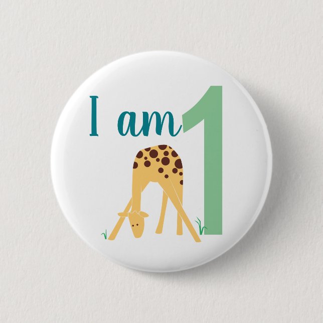 1st Birthday Modern Yellow Giraffe Button (Front)
