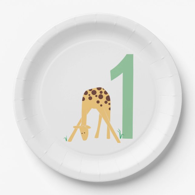 1st Birthday Modern Yellow Giraffe Paper Plates (Front)