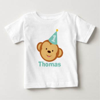 1st Birthday Monkey Boy With Personalized Name Baby T-shirt by eventfulcards at Zazzle