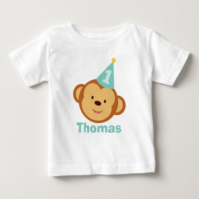 1st Birthday Monkey Boy with Personalized Name Baby T-Shirt (Front)