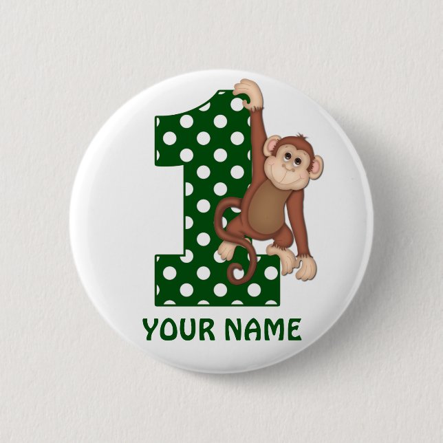 1st Birthday Monkey Green Personalized Button (Front)