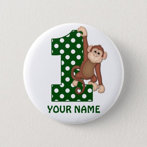 1st Birthday Monkey Green Personalized Button