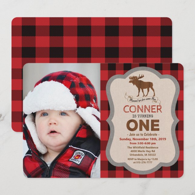 1st Birthday Moose Boy Birthday Photo Invitation (Front/Back)