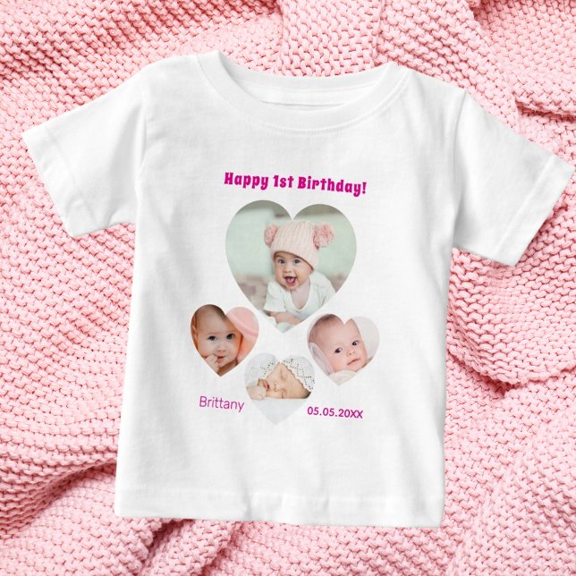 1st Birthday name age photo collage baby girl Baby T-Shirt (Creator Uploaded)
