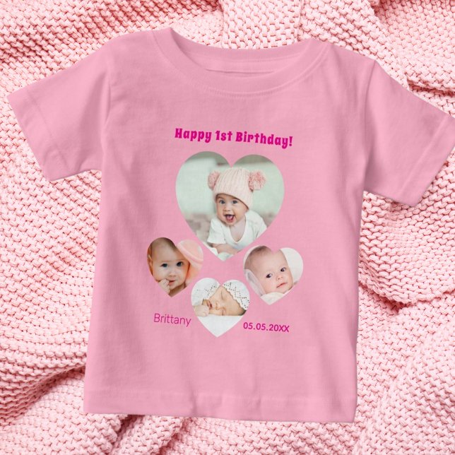 1st Birthday name age photo collage baby girl pink T-Shirt (Creator Uploaded)