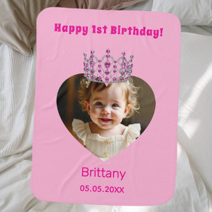 1st Birthday name age photo pink tiara baby girl Baby Blanket