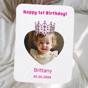 1st Birthday name age photo pink tiara baby girl Baby Blanket