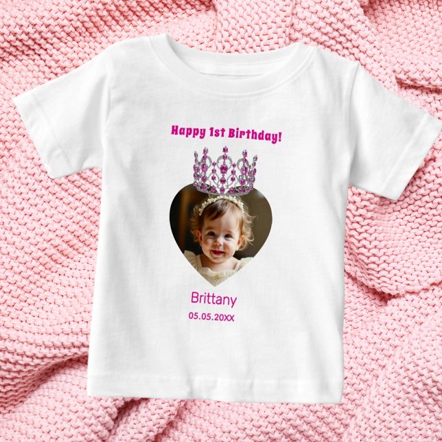 1st Birthday name age photo pink tiara baby girl T-Shirt (Creator Uploaded)
