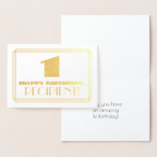 1st Birthday; Name + Art Deco Inspired Look "1" Foil Card