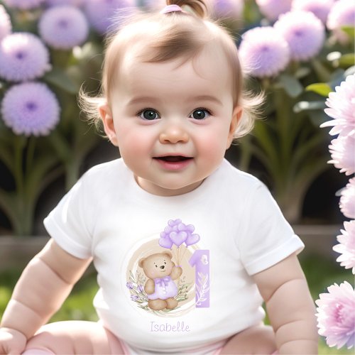 1st Birthday Name Cute Teddy Bear Purple Baby T_Shirt