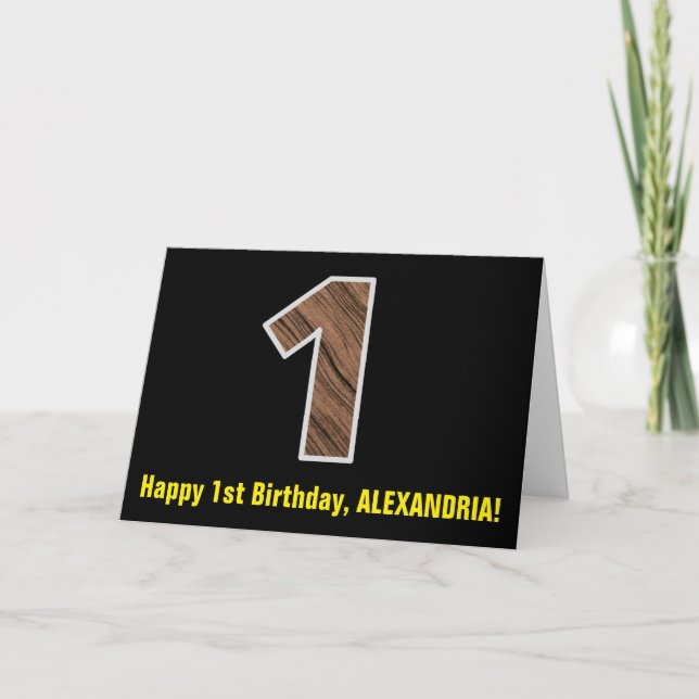 1st Birthday: Name + Faux Wood Grain Pattern "1" Card (Front)