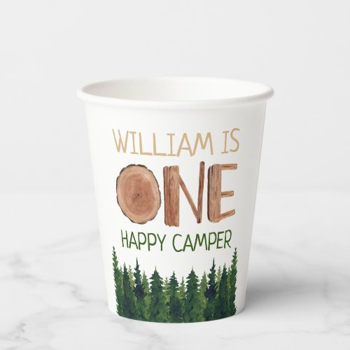 1st Birthday Name Rustic One Happy Camper  Paper Cups