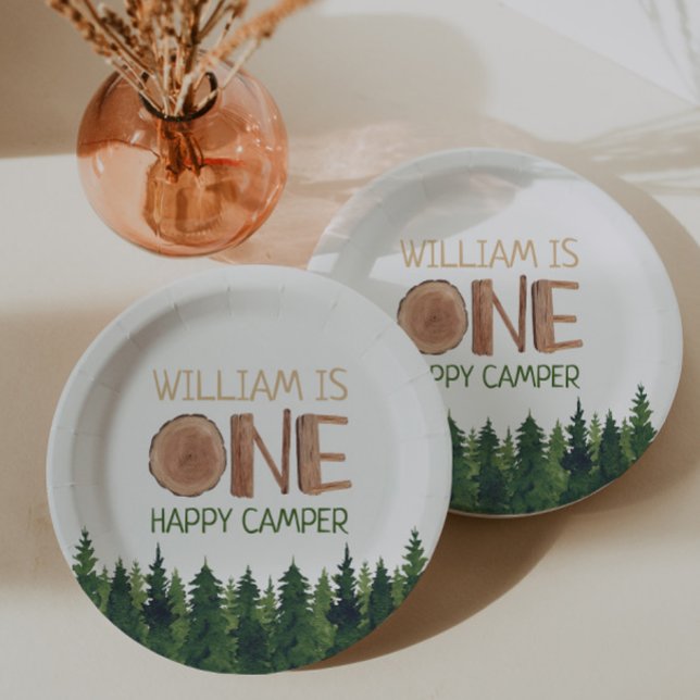 1st Birthday Name Rustic One Happy Camper  Paper Plates (Creator Uploaded)