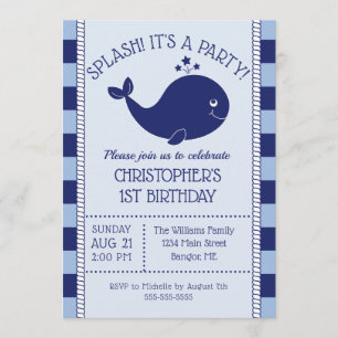 1st Birthday Nautical Blue Whale Blue Navy Stripes Invitation