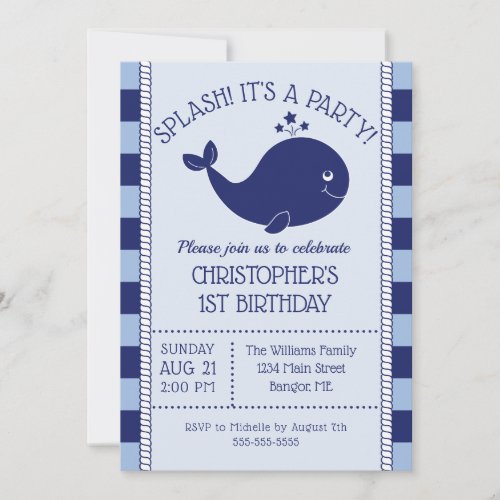 1st Birthday Nautical Blue Whale Blue Navy Stripes Invitation