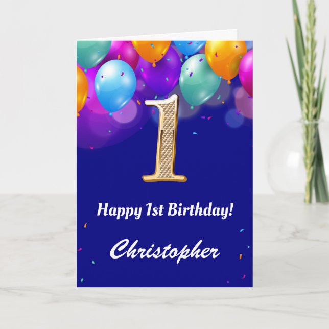 1st Birthday Navy Blue and Gold Colorful Balloons Card (Front)