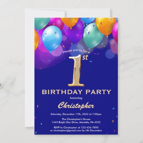 1st Birthday Navy Blue and Gold Colorful Balloons Invitation
