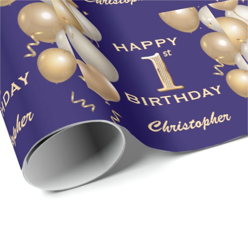 1st Birthday Navy Blue and Gold Glitter Balloons Wrapping Paper