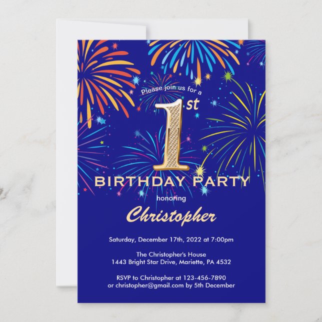 1st Birthday Navy Blue and Gold Rainbow Fireworks Invitation (Front)