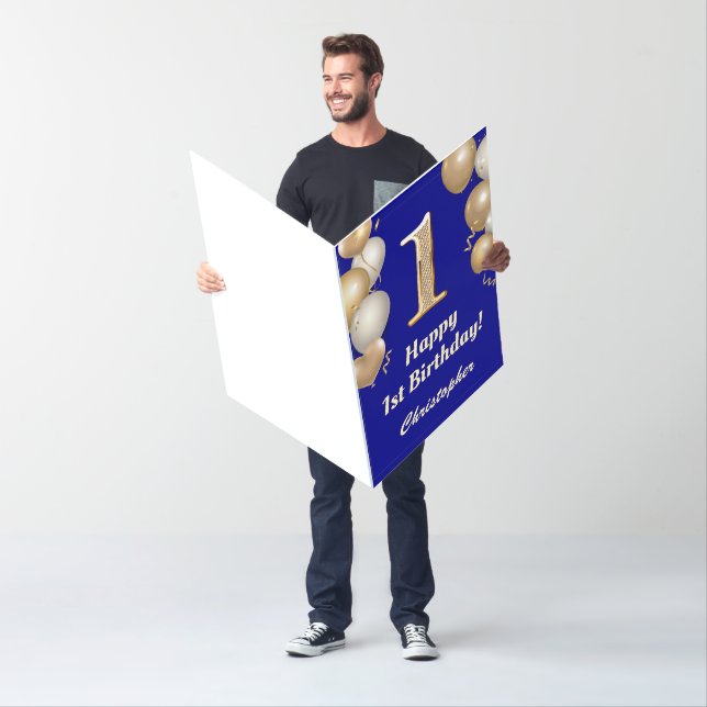 1st Birthday Navy Blue Gold Balloons Extra Large Card (In Situ)