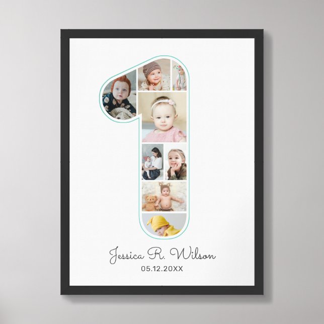 1st Birthday Number 1 Photo Collage Baby Nursery Framed Art (Framed Front)