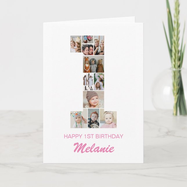 1st Birthday Number 1 Photo Collage Personalized Card (Front)