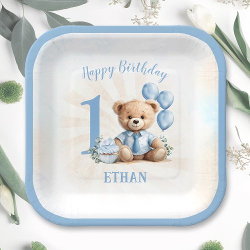 1st Birthday Number Bear Blue Square Paper Plates