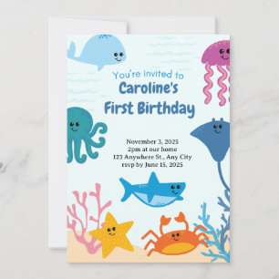 1st birthday ocean theme blue baby girl birthday invitation